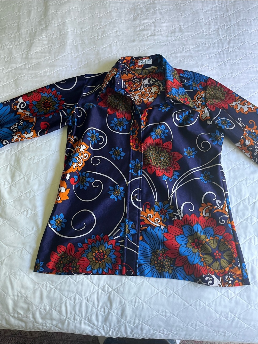 a.n.a Navy Button-Up Blouse with Red, Blue & Orange Floral Print